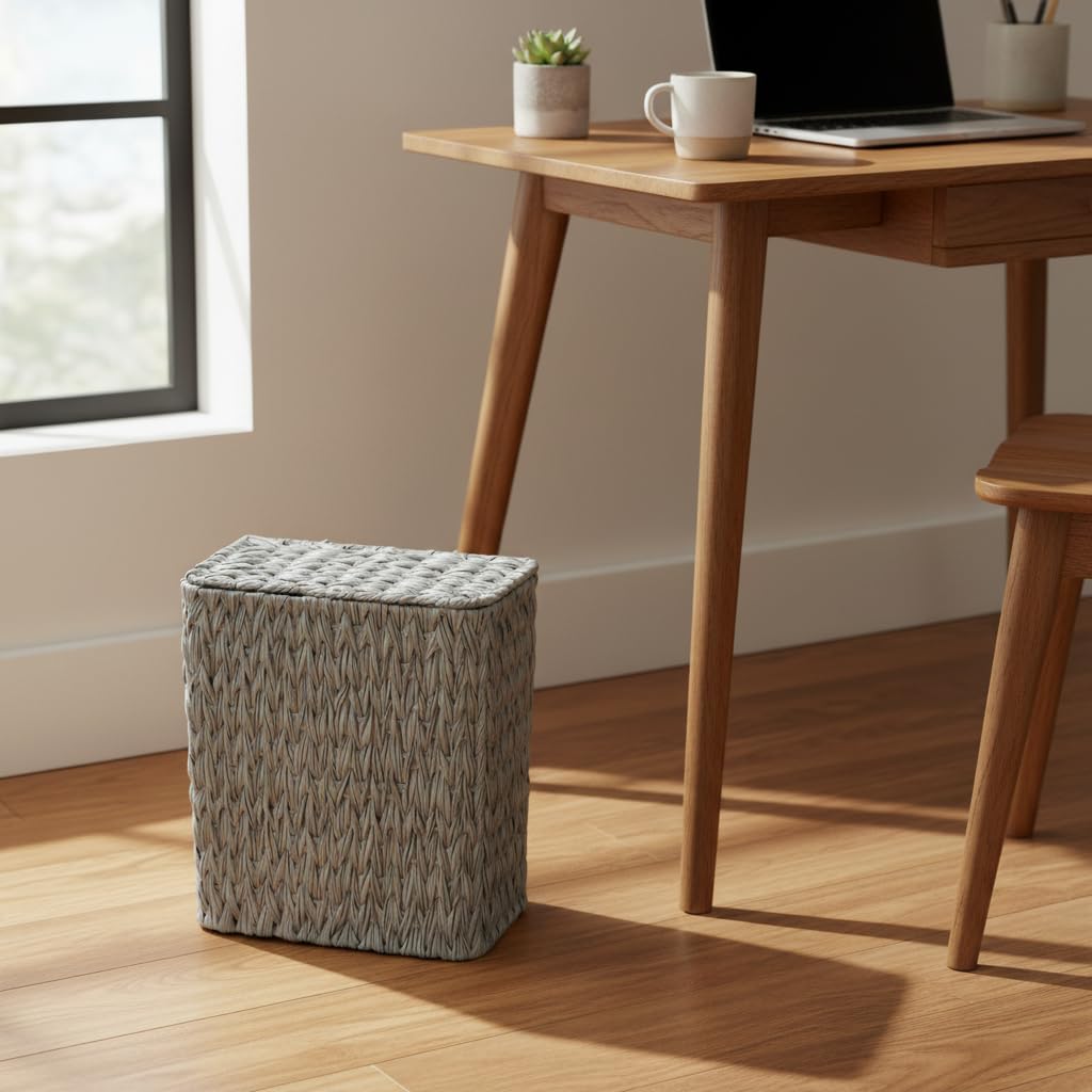 3 Gallon Wicker Trash Can,Grey Bathroom Trash Cans with Lid,Waterproof Slim Waste Basket for
