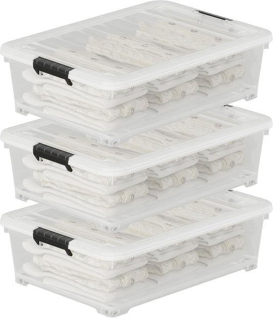 52 Quart Large Plastic Underbed Latching Storage Box, Clear Wheeled Under Bed Storage Bins, 3 Packs