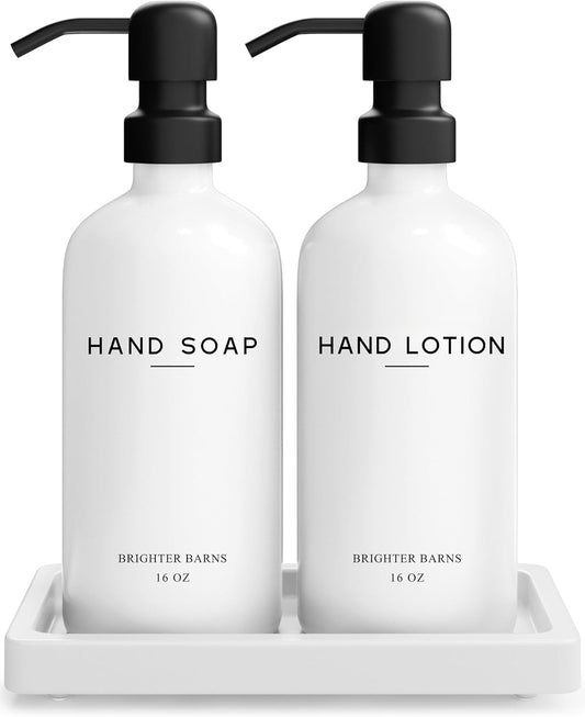 White Glass Soap and Lotion Dispenser Set with Tray by Brighter Barns - Hand Soap Dispenser