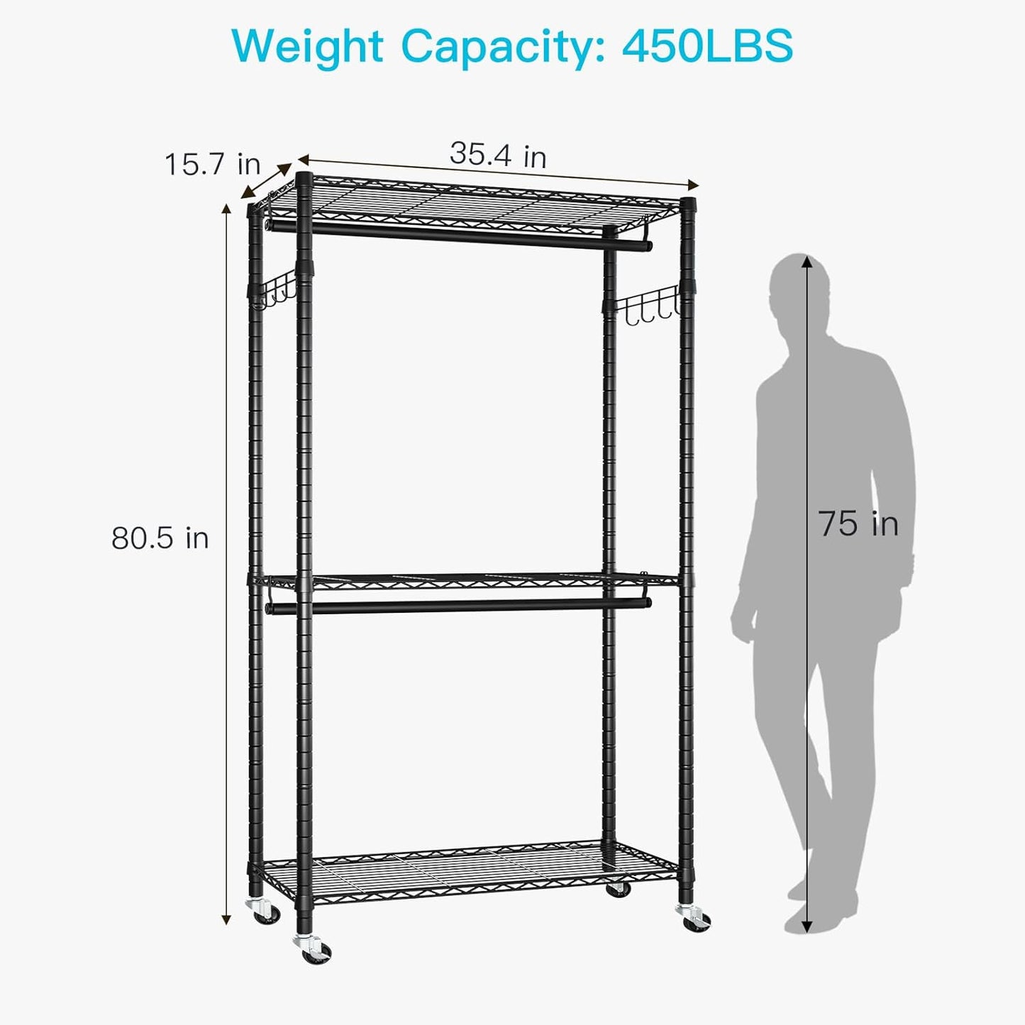FUTASSI P1 Heavy Duty Garment Rack, 3 Tiers Adjustable Rolling Metal Closet Organizer with Lockable