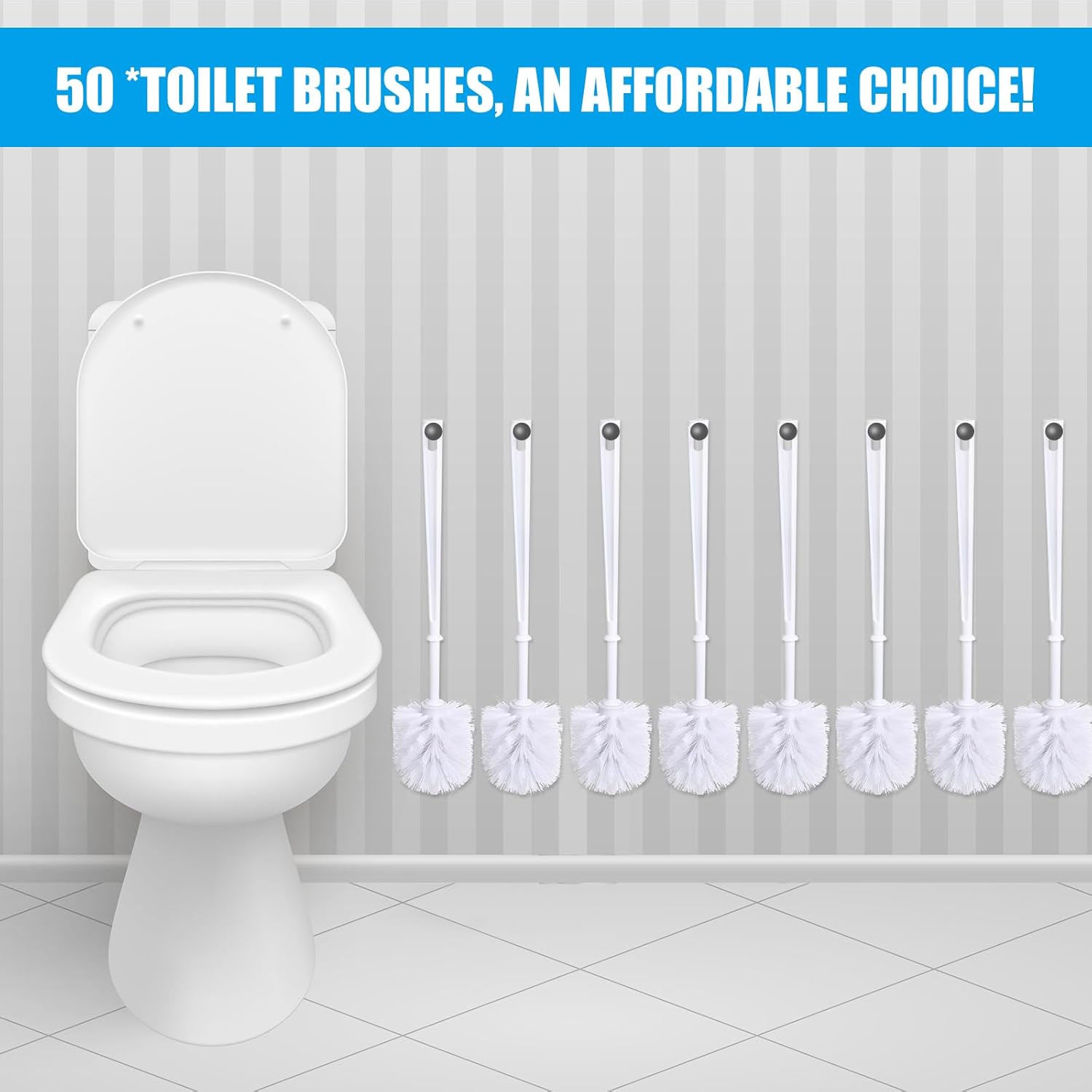 Mimorou 50 Pcs White Toilet Brush, Bathroom Toilet Bowl Brush, Soft Bristle Long Handle Plastic