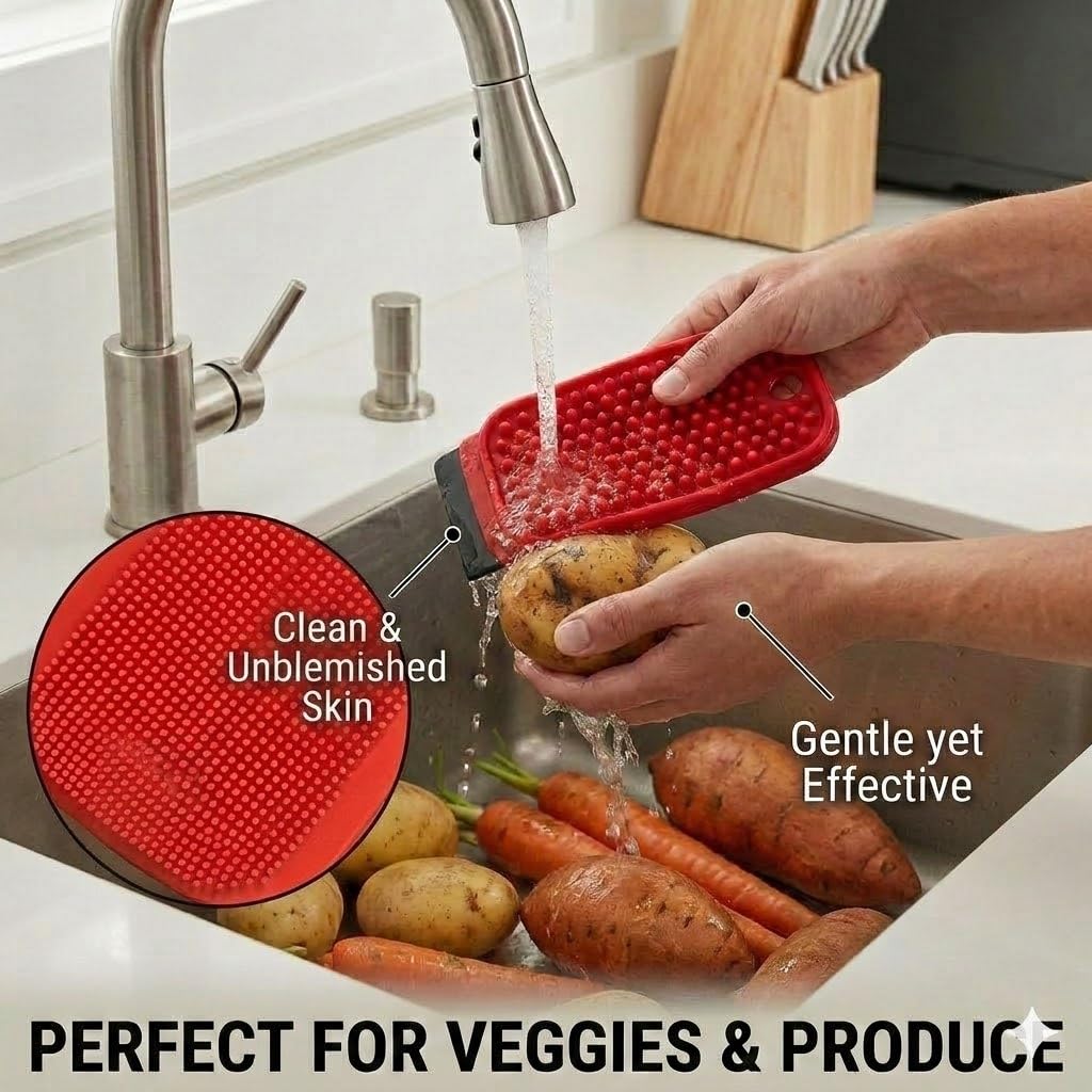 Red 3-in-1 silicone dish scrubber with scraper – view 3
