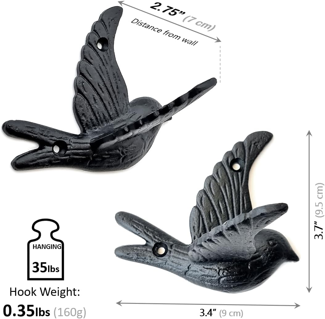 Ambipolar 5-Pack Bird Flying Style Coat Hooks, Vintage Black Hooks for Coats, Hats, and More