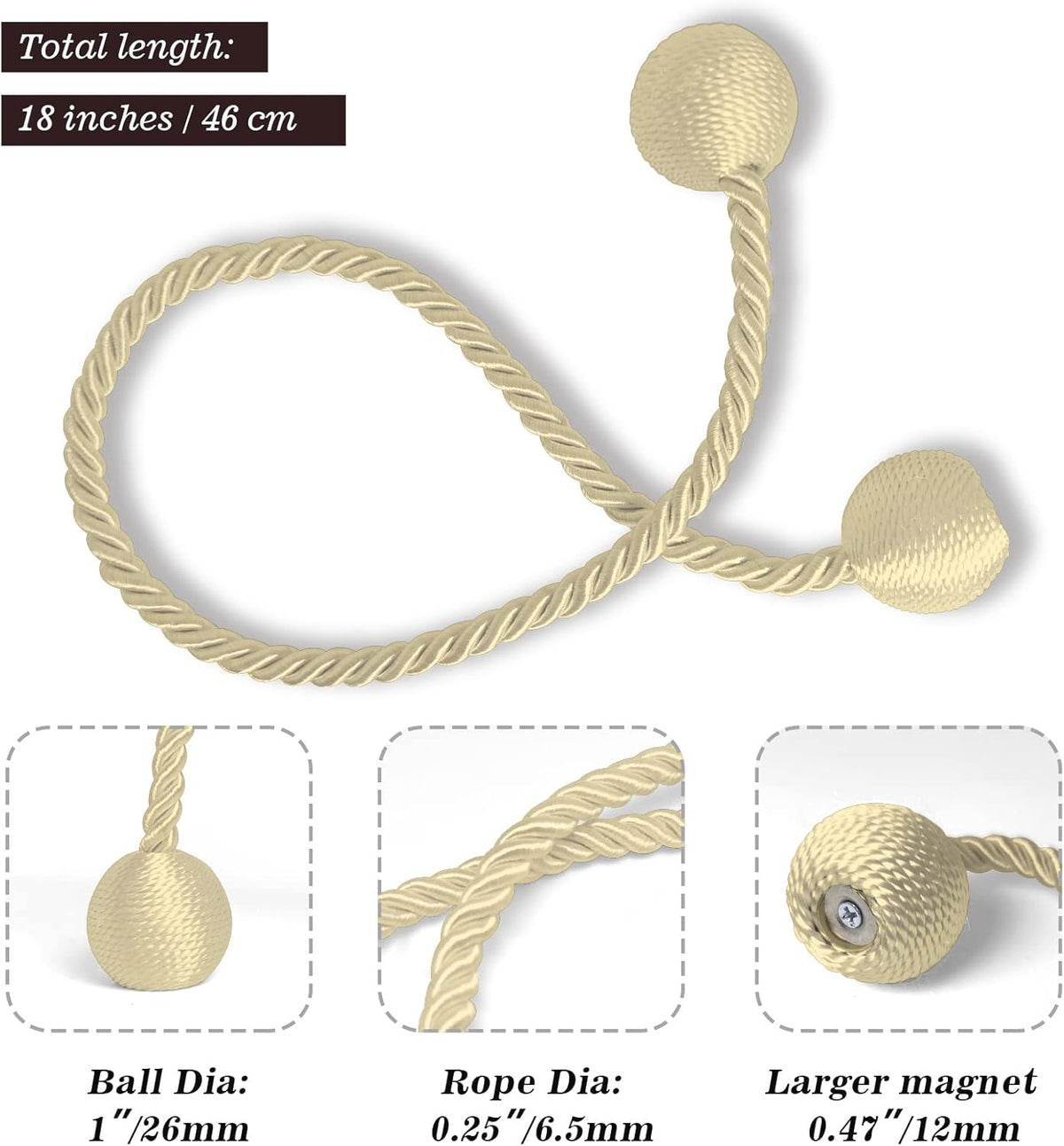 Hion Magnetic Curtain Tiebacks Beige 2pcs, Curtain Tiebacks Buckles Holdbacks Holders Hooks Clip