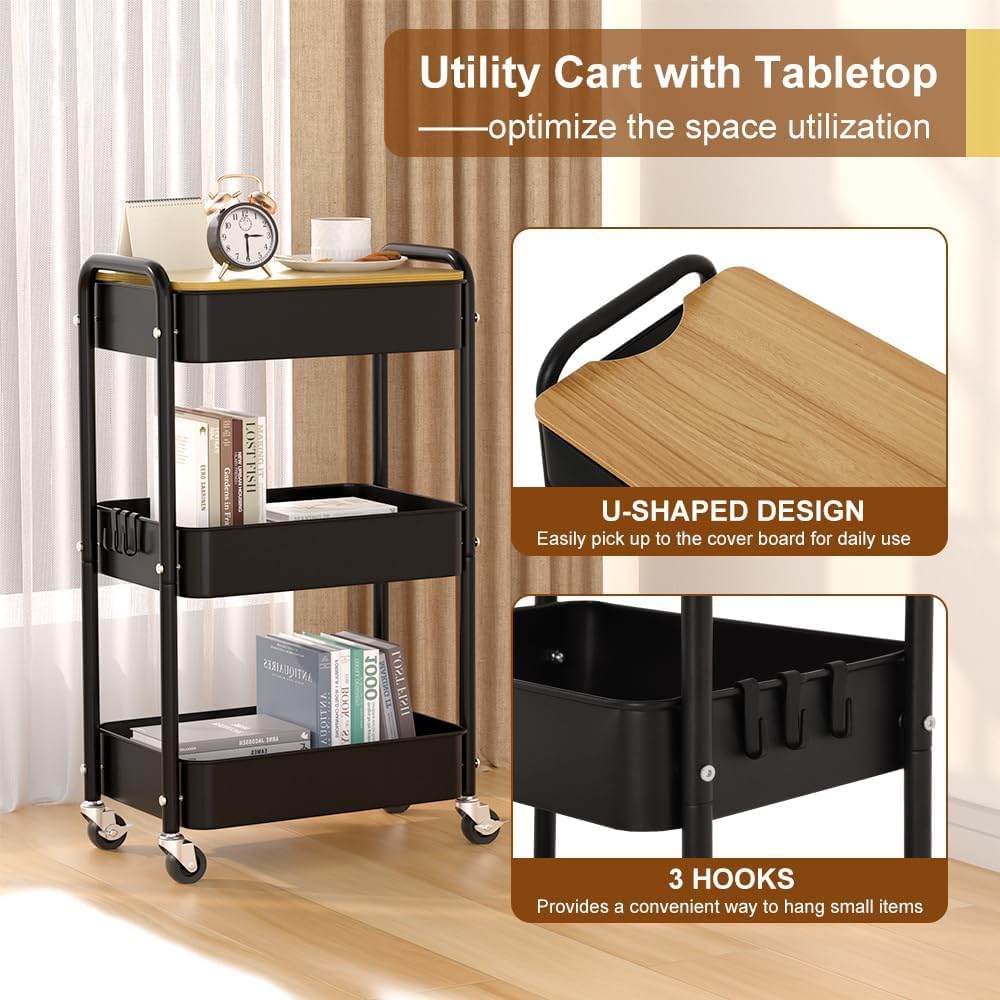 3 Tier Metal Utility Cart, Rolling Storage Cart with Wooden Tabletop, Metal Organizer Cart with