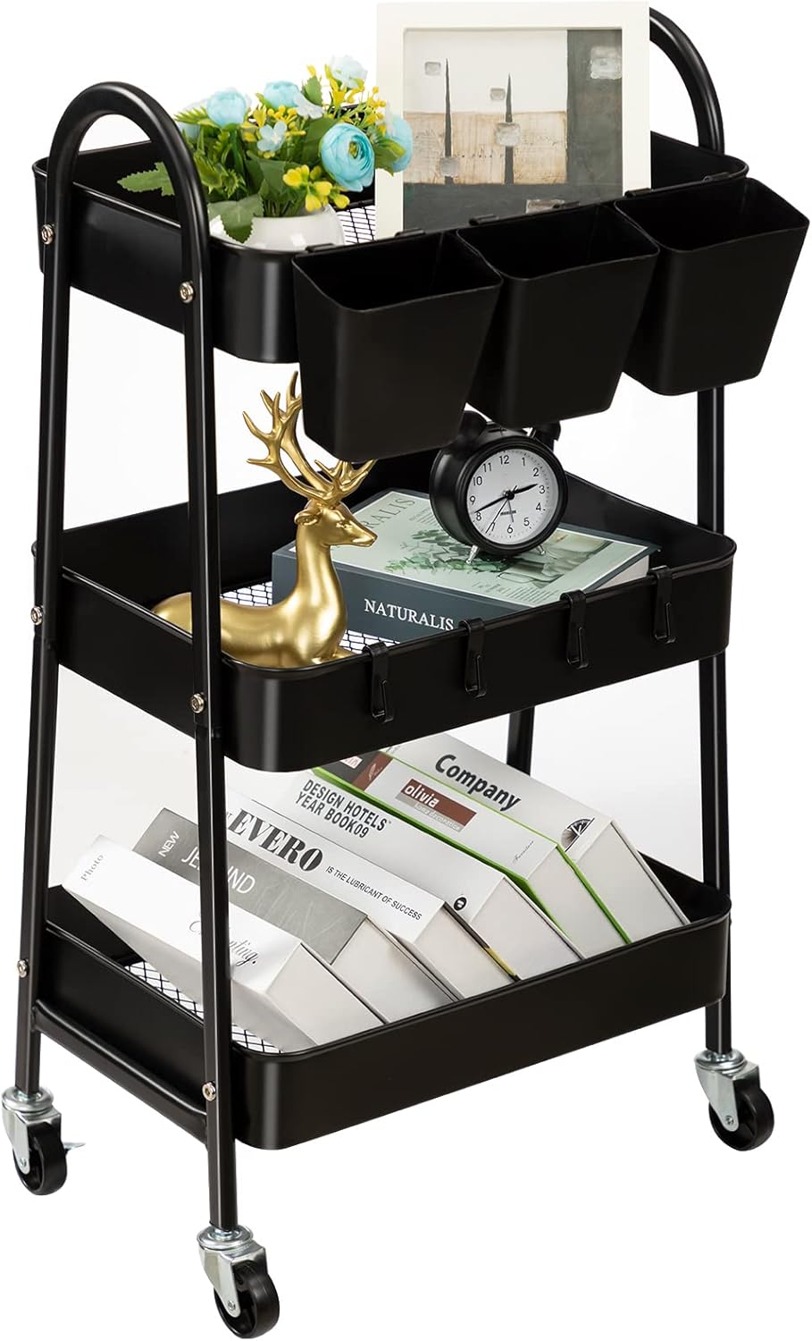 danpinera 3-Tier Rolling Cart, Metal Rolling Storage Cart with Lockable Wheels & Hanging Cups &