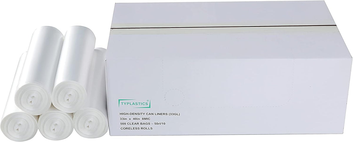 TYPLASTICS 33 Gallon Clear Trash Can Liners - 33" x 40" - High Density Garbage Bags - Case of 500