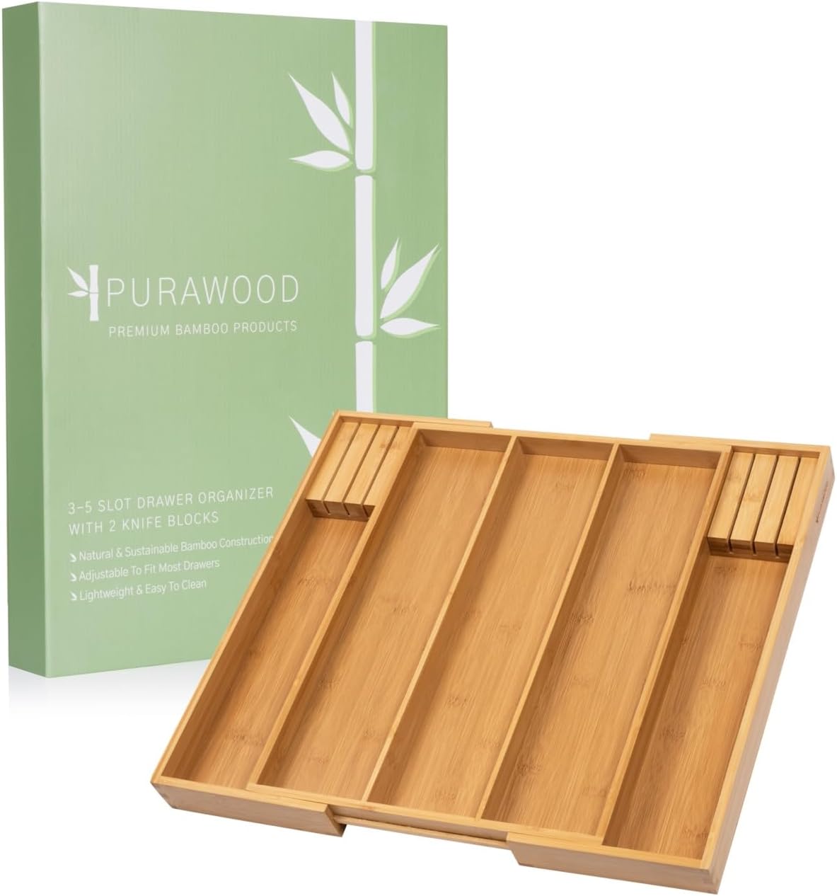 Purawood Kitchen Drawer Organizer with Knife Blocks - Utensil Drawer Organizer for Kitchen, Cutlery