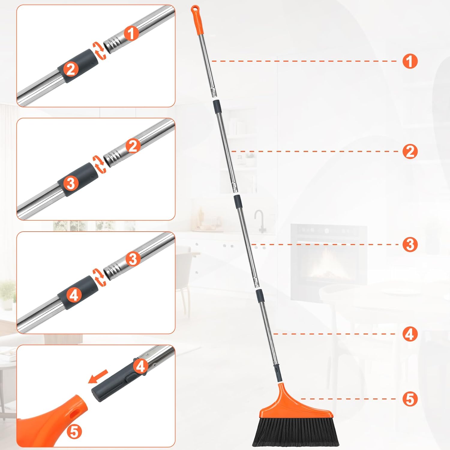 4 Pack Heavy-Duty Angle Broom for Floor Cleaning with 52" Long Handle Stiff Bristle Angle