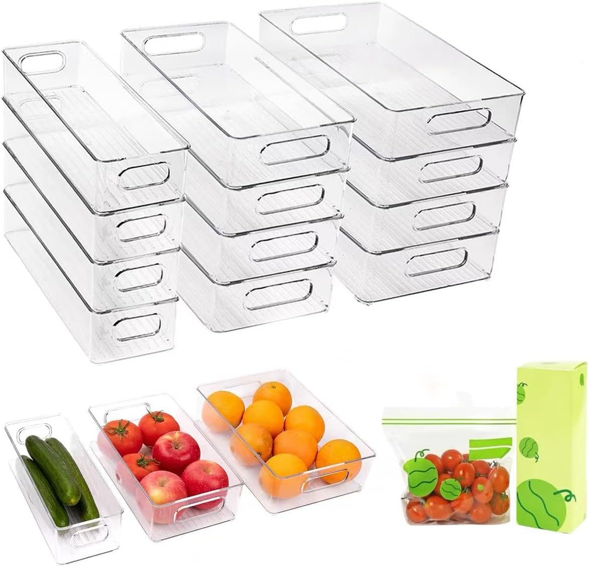 12 Pack Refrigerator Organizer Bins, 3 Sizes Stackable Clear Pantry Storage with Handles and 30 PCS