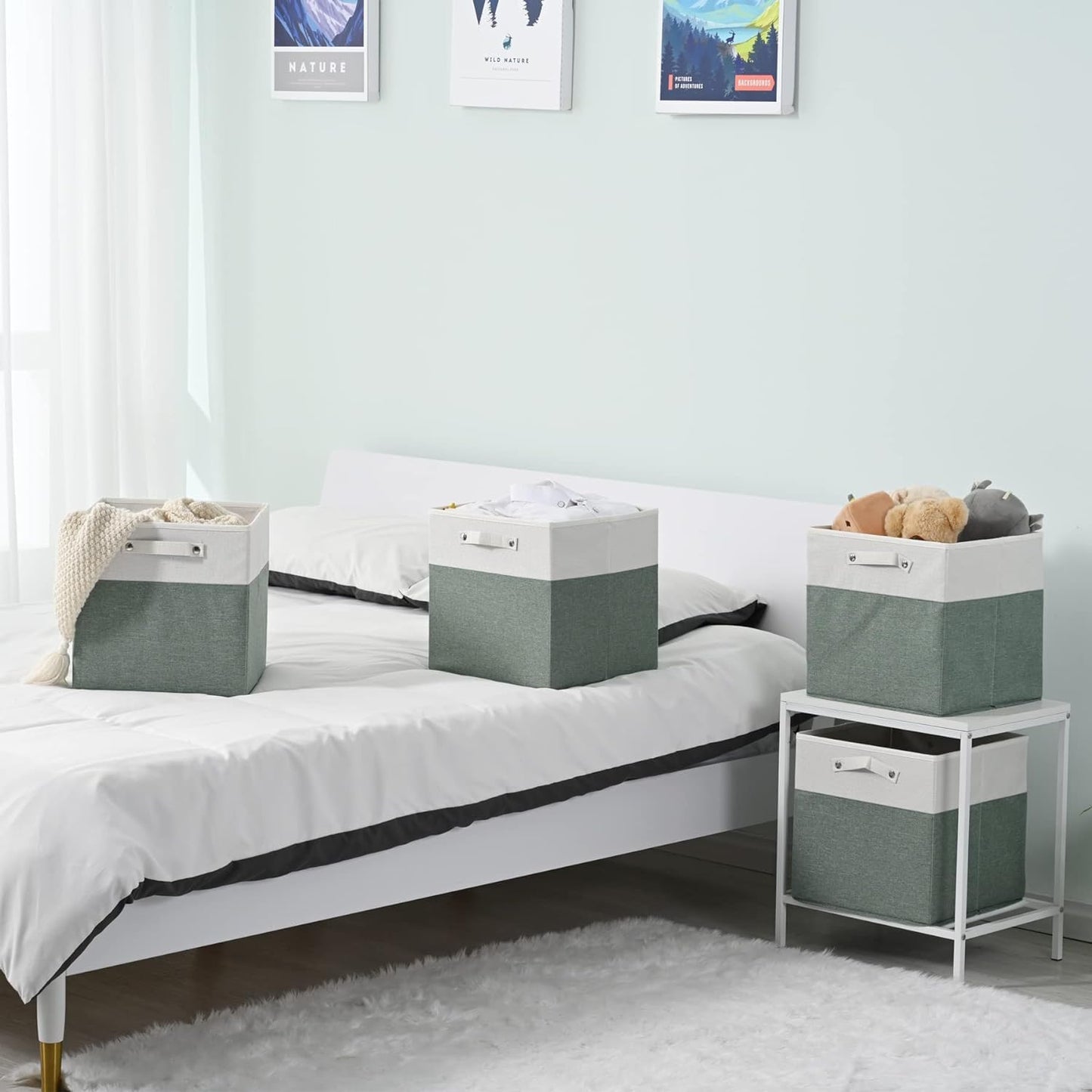 13 x 13 Inch Fine Linen Storage Bins with Handles，Fabric Cube Boxs，Collapsible Basket Organizers