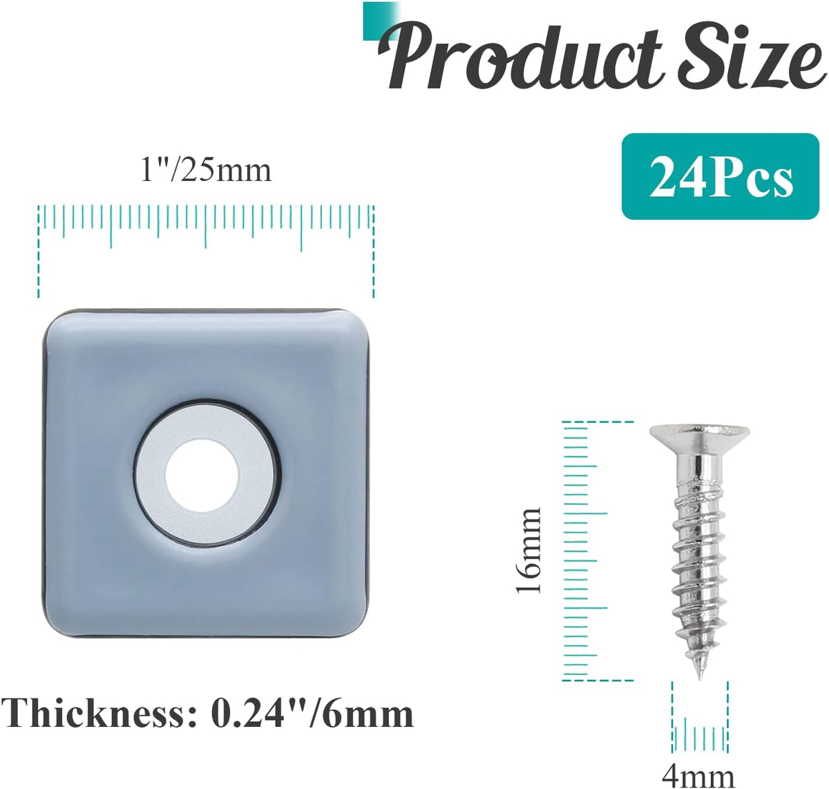 24pcs 1" (25mm) Screw on Furniture Sliders, Teflon Chair Leg Slides, Square Furniture Glides with
