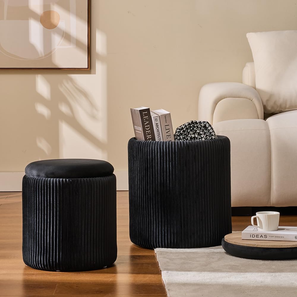 Round Set of 2 Ottoman with Storage-Upholstered Velvet Vanity Stool for Makeup Multifunctional