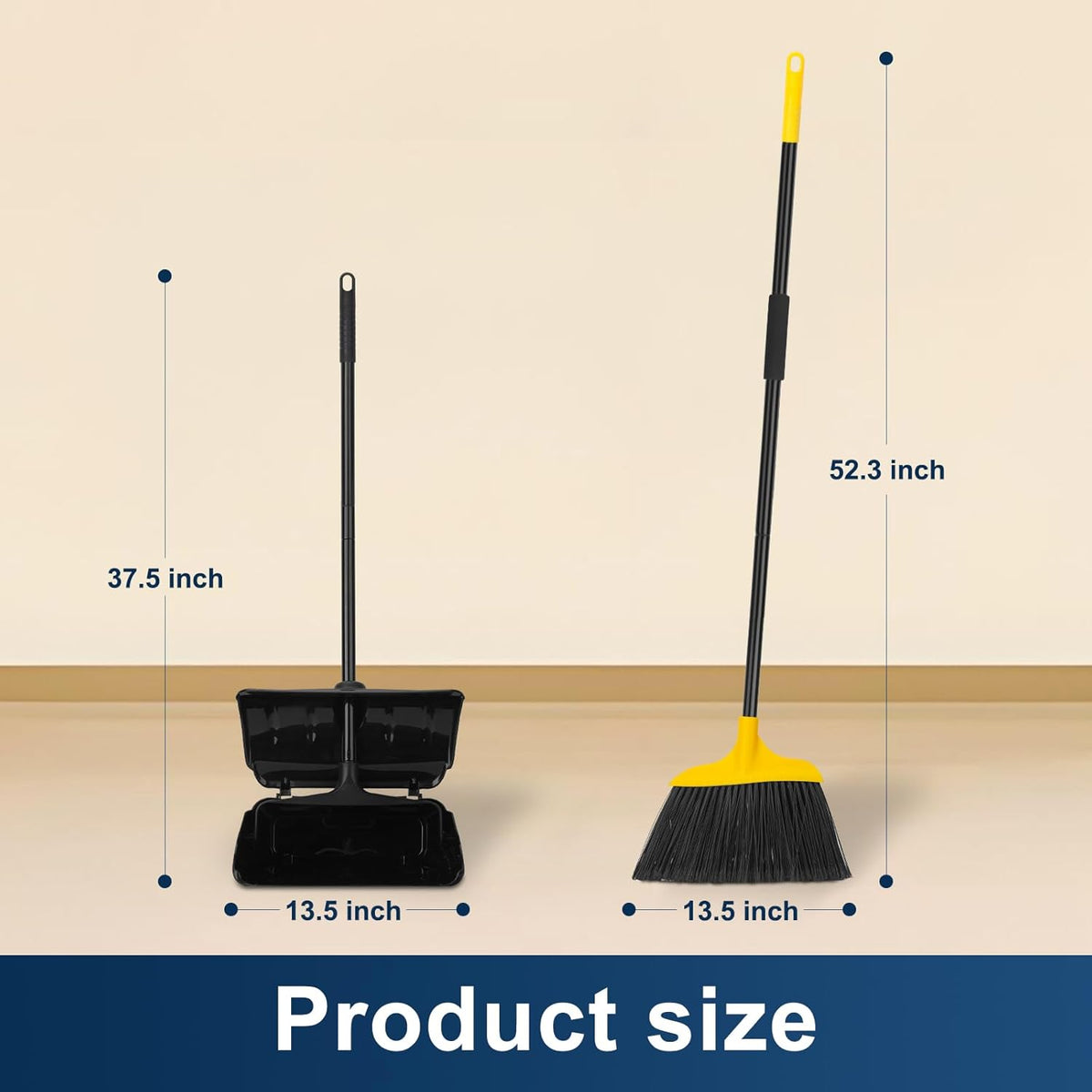 Indoor/Outdoor Heavy Duty Broom and Dustpan Set,Upright Plastic Commercial Dust Pan with 2 Brooms