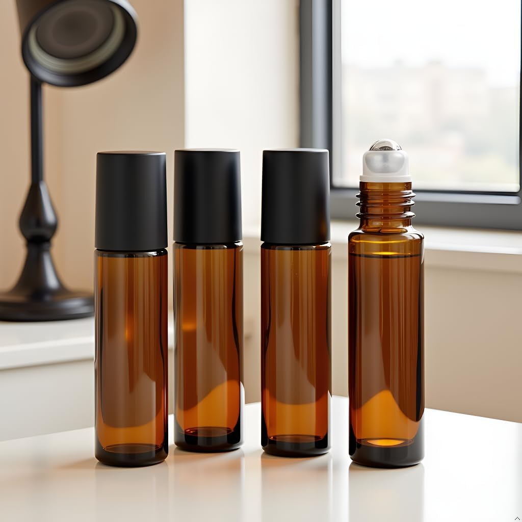 4 Pack 10ml Oil Essential Stainless Roller Bottles, Refillable Amber Glass Roller Bottles for