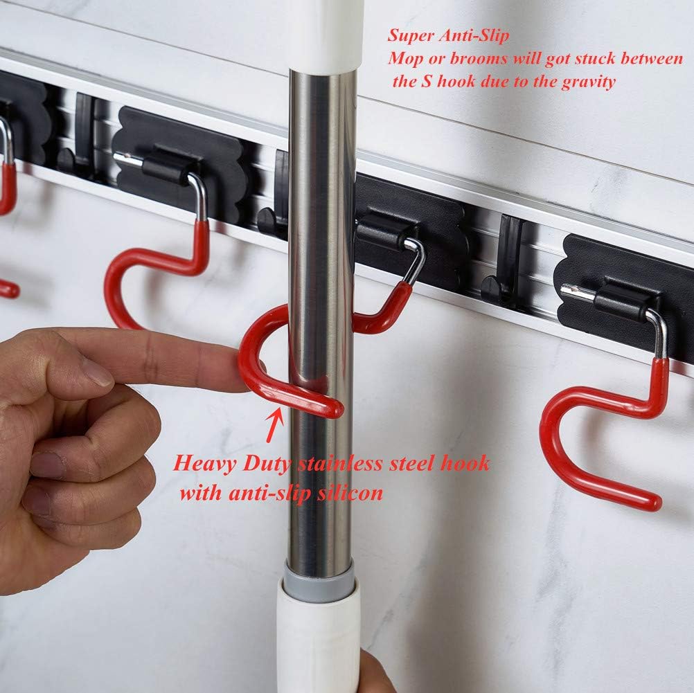 QBOSO Wall Mounted Mop and Broom Holder Stainless Steel S Type Broom Rack Anti-Slip Mop Organizer