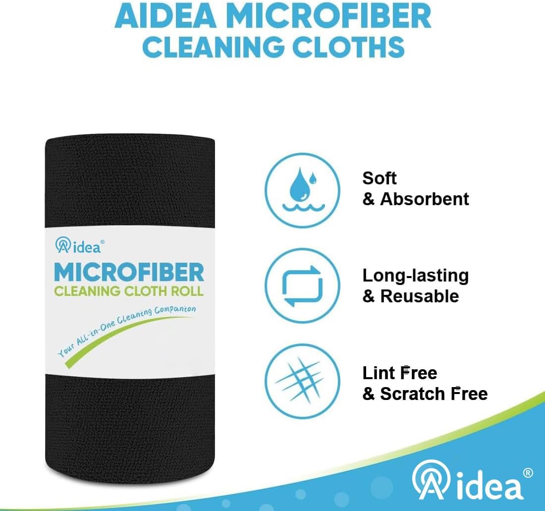 AIDEA Microfiber Cleaning Cloth 165 Sheets 3 Roll, Black Microfiber Towels for Cars, Shop Rags