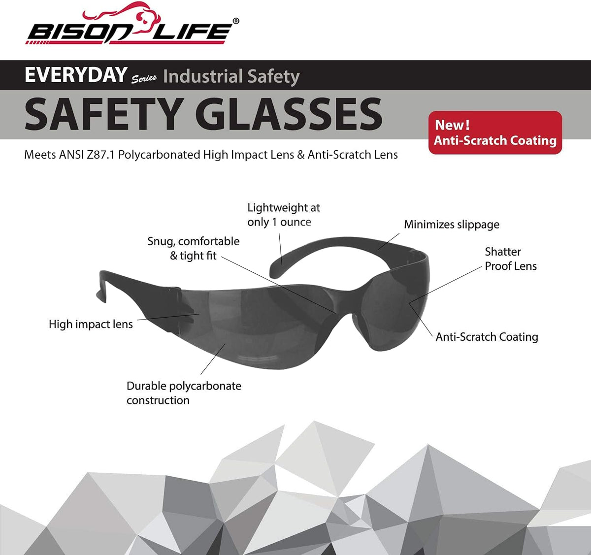 BISON LIFE Safety Glasses - Scratch Resistant Wrap Around Eyewear, Polycarbonate ANSI Z87.1 Impact