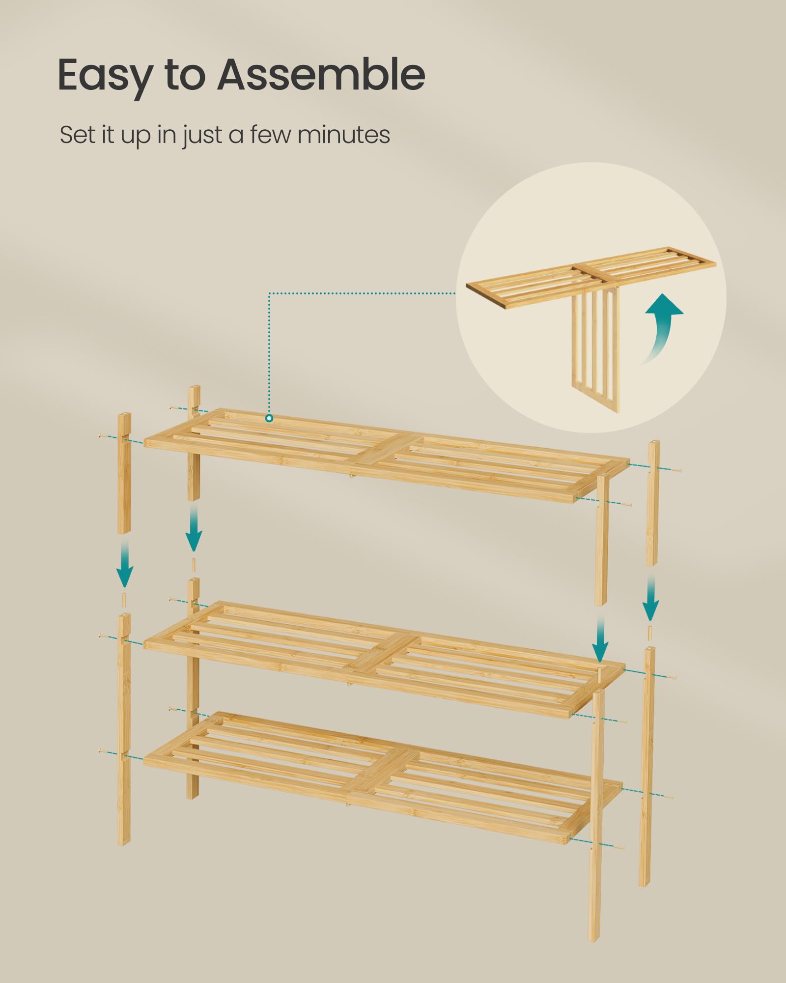 SONGMICS Bamboo Shoe Rack for Closet, Stackable Shoe Oragnizer with Modular Structure, Space-Saving