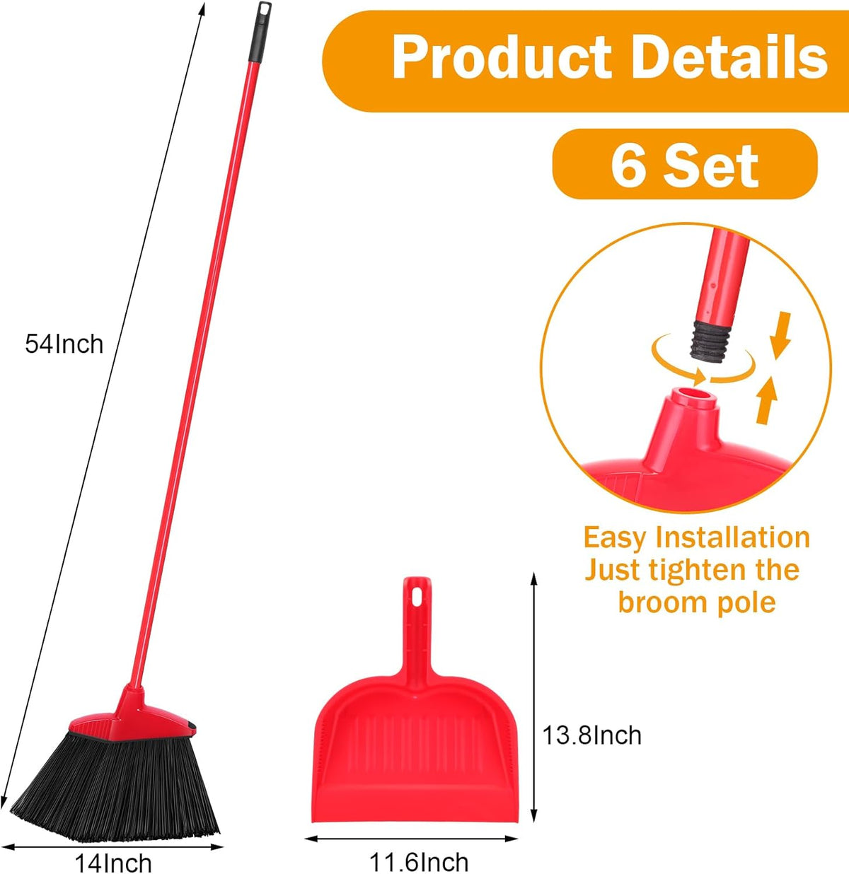 Maxcheck 6 Pcs Broom and Dustpan Set 54 Inch Heavy Duty Indoor Brooms with Dust Pan Combo Bulk for