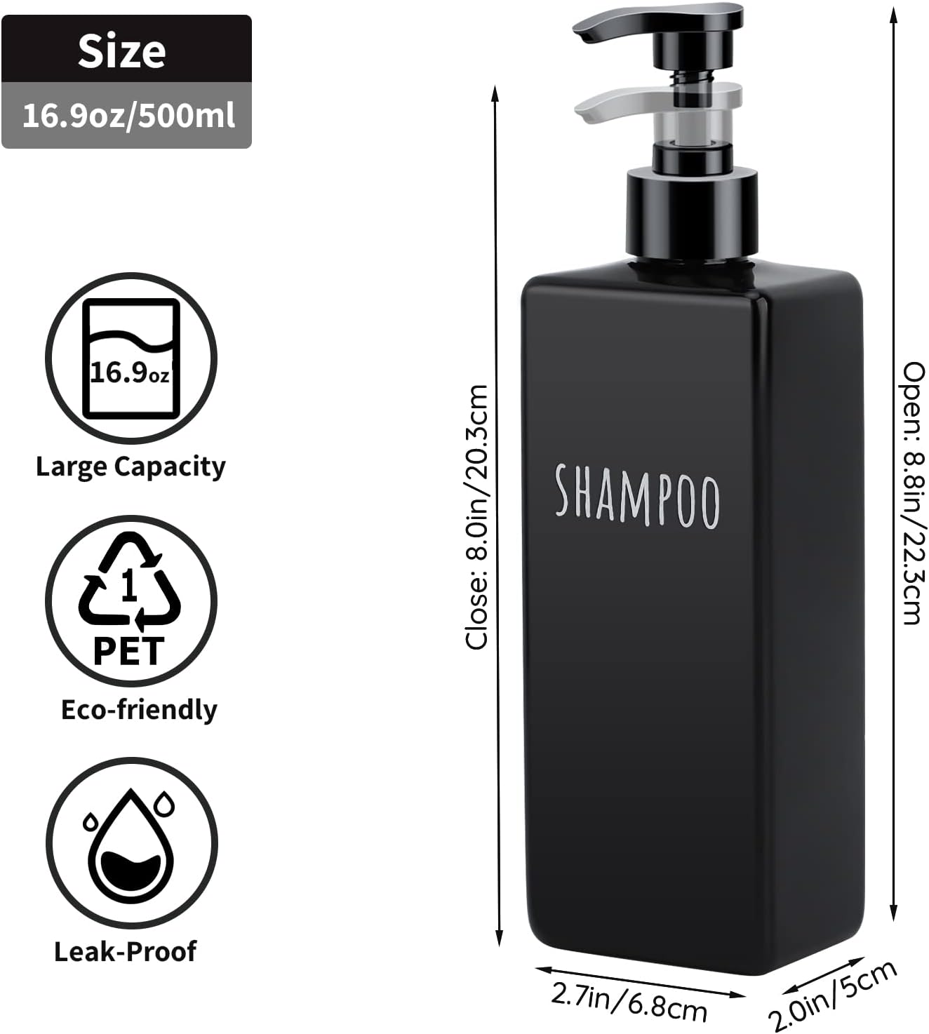 Segbeauty Plastic Square Soap Dispenser Black, 3pcs 16.9oz Refillable Shampoo and Conditioner