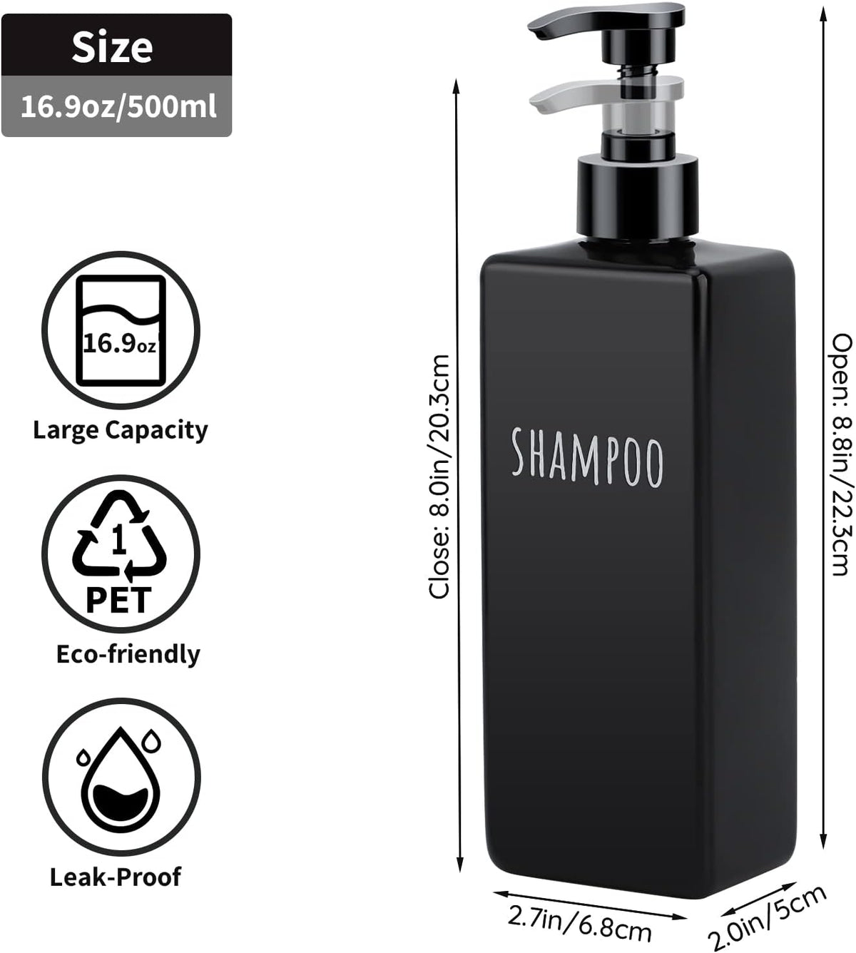 Segbeauty Plastic Square Soap Dispenser Black, 3pcs 16.9oz Refillable Shampoo and Conditioner
