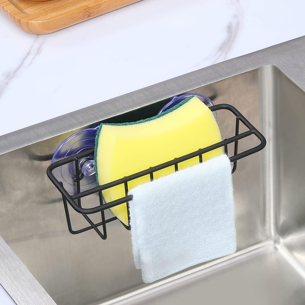 Sink Caddy Sponge Holder for Kitchen Sink Dish Cloth Hanger 2 Suspension Options(Suction Cups and