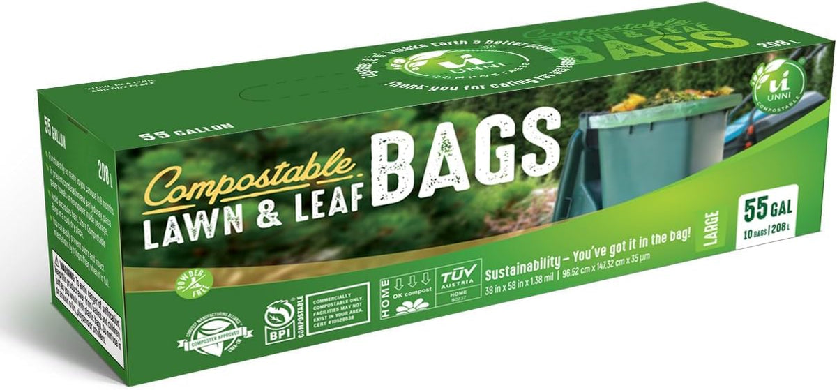 UNNI Compostable Trash Bags, 44-55 Gallon / 208 Liter, 10 Count, Extra Thick 1.38 mil Large Bin