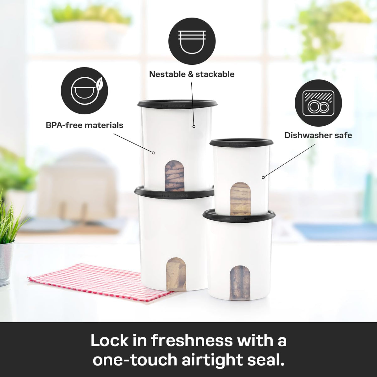 Tupperware One Touch Reminder Canisters 4 Canister Food Storage Set, Dishwasher Safe and BPA Free
