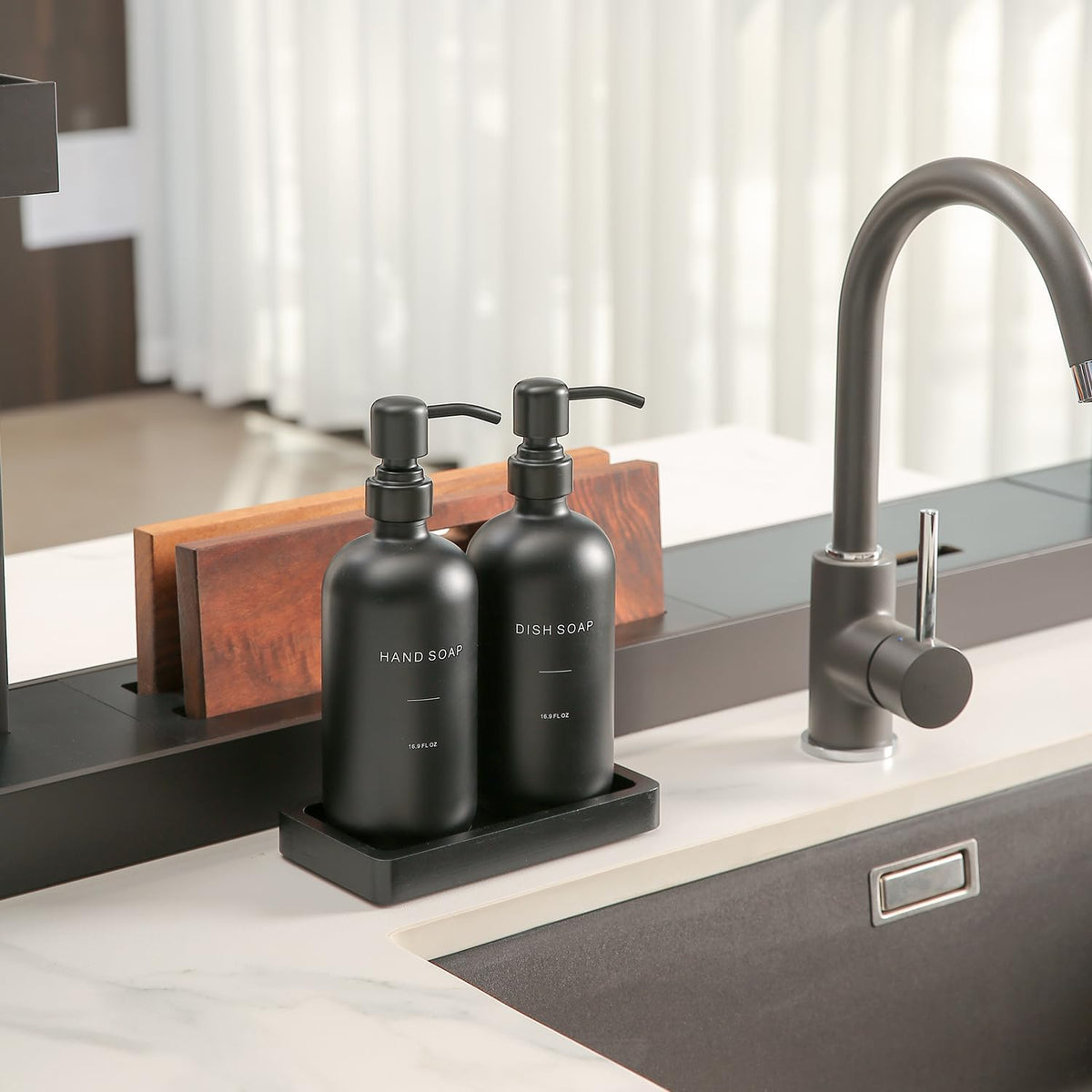 Matte Black Soap Dispenser Set, Kitchen Soap Dispenser Set with Black Stainless Steel Pump, Perfect