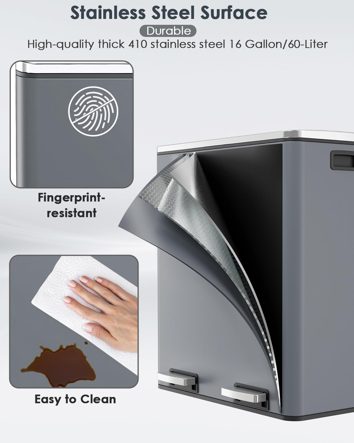 AthLike 60L(16 Gal ) Dual Trash Can, Stainless Steel Kitchen Garbage Can, Double Compartment