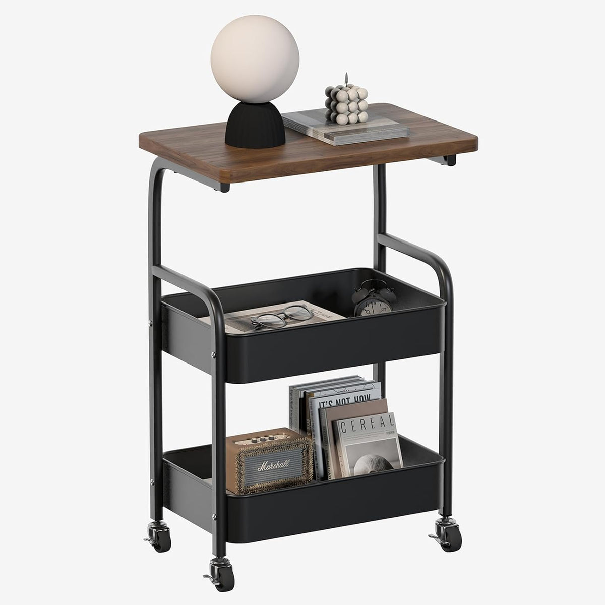 Rolling Cart with Wooden Tabletop 3-Tier Metal Utility Rolling Cart Storage Organizer with Lockable