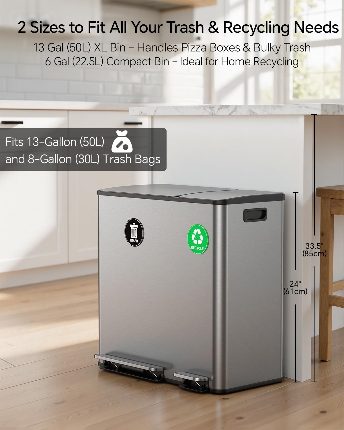 Lovewind Dual Trash and Recycling Bins for Kitchen, 13+6 Gallon Stainless Steel Garbage and Recycle