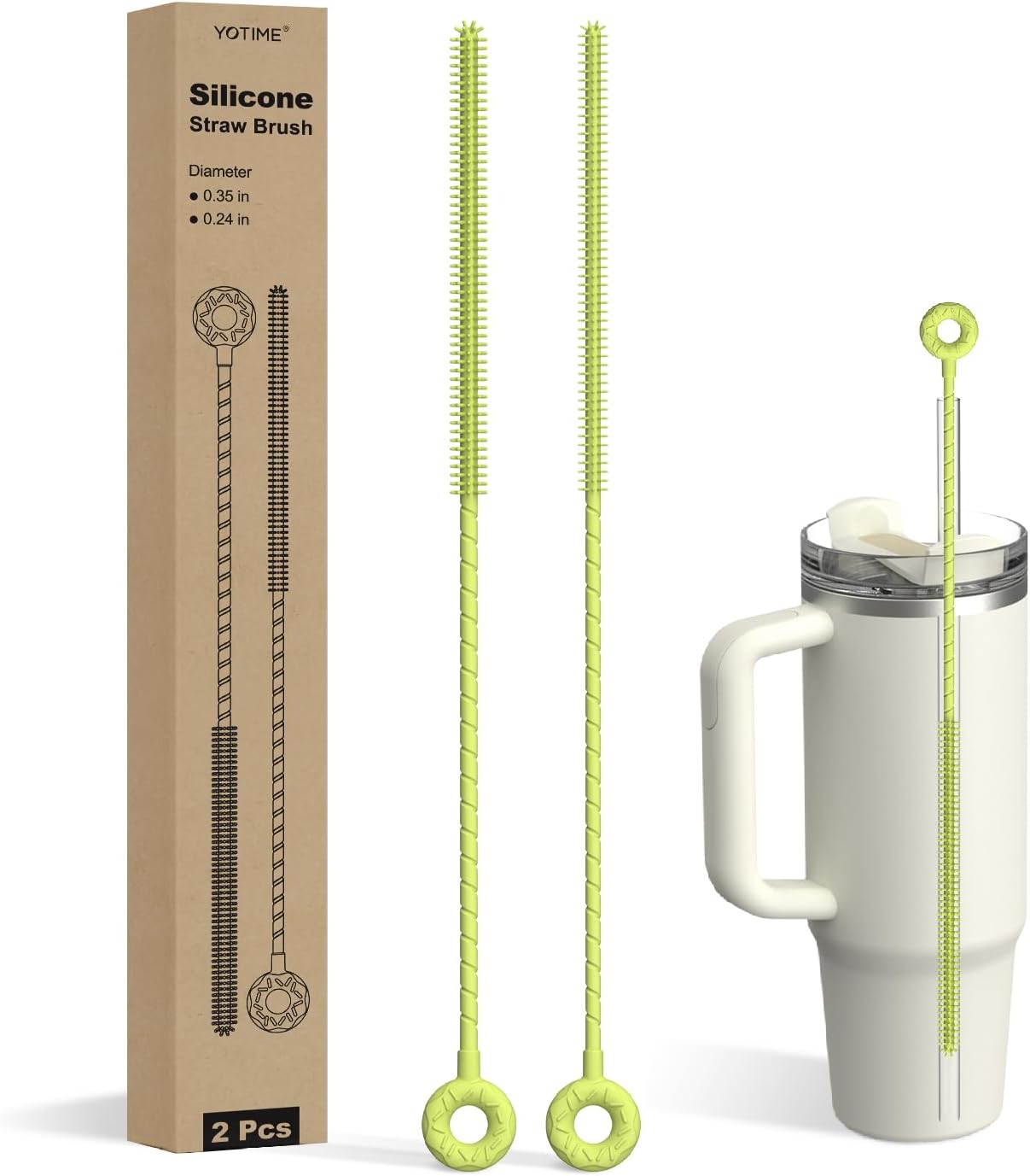 YOTIME Silicone Straw Cleaner Brush, 2 Pcs Reusable Straw Brush(6mm+9mm) for Cleaning Narrow & Wide
