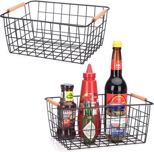 Metal Wire Food Storage Basket Organizer with Wooden Handles for Organizing pantry organizers and