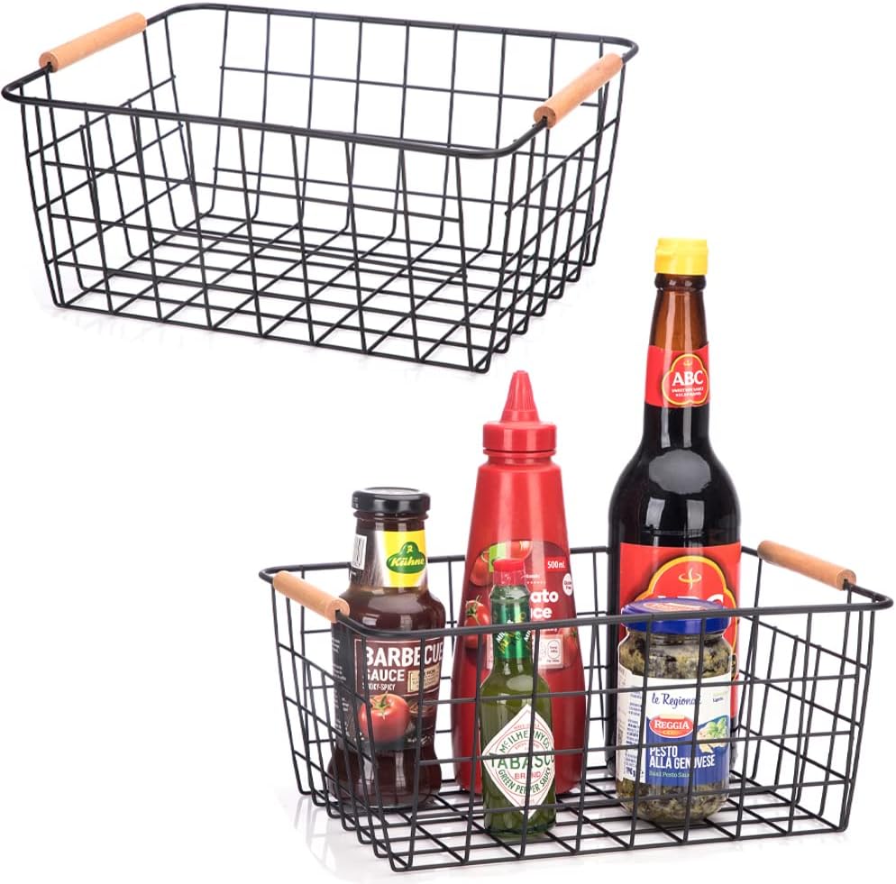 LeleCAT Wire Baskets with Wooden Handles, Wire Storage Organizer Baskets , Household Refrigerator
