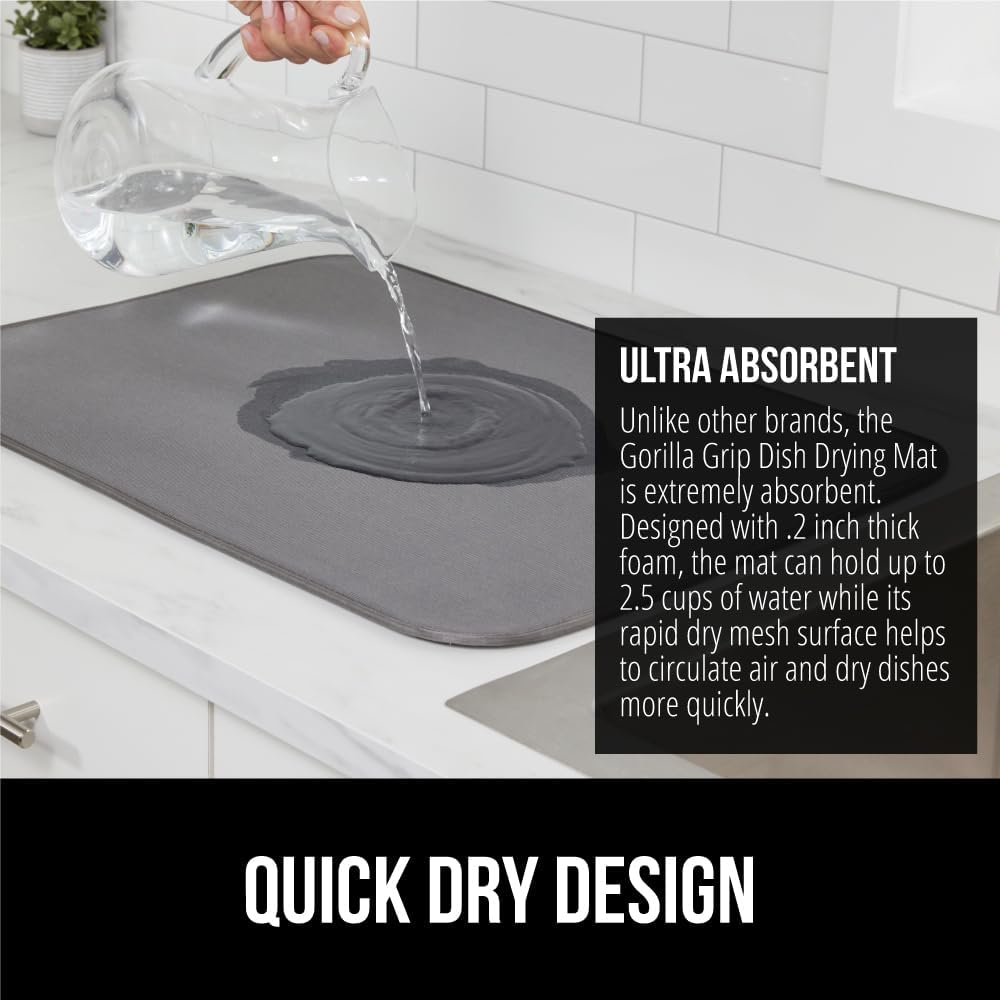GORILLA GRIP Ultra Water Absorbent Microfiber Dish Drying Mat, Quick Dry Thick Mesh, Slip Resistant