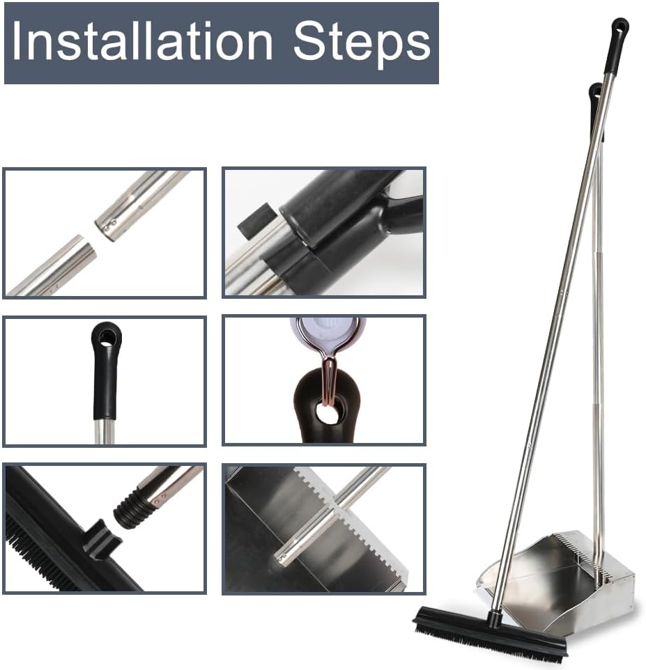 Rubber Broom and Dustpan Set,Pet Hair Removal Rubber Broom with Squeegee and Stainless Steel Dust