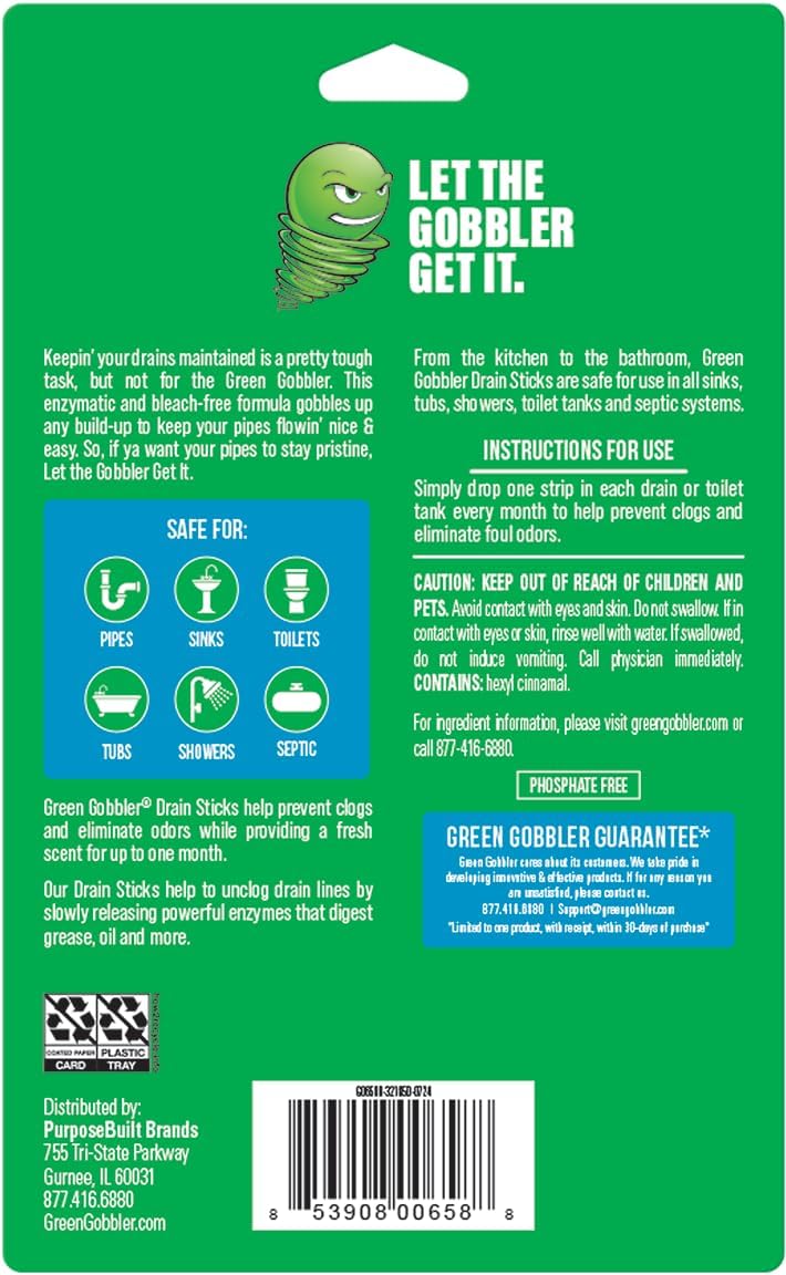 Green Gobbler Drain Cleaner and Deodorizer Sticks with Enzymes - Maintain a Clean Drain, Safe for
