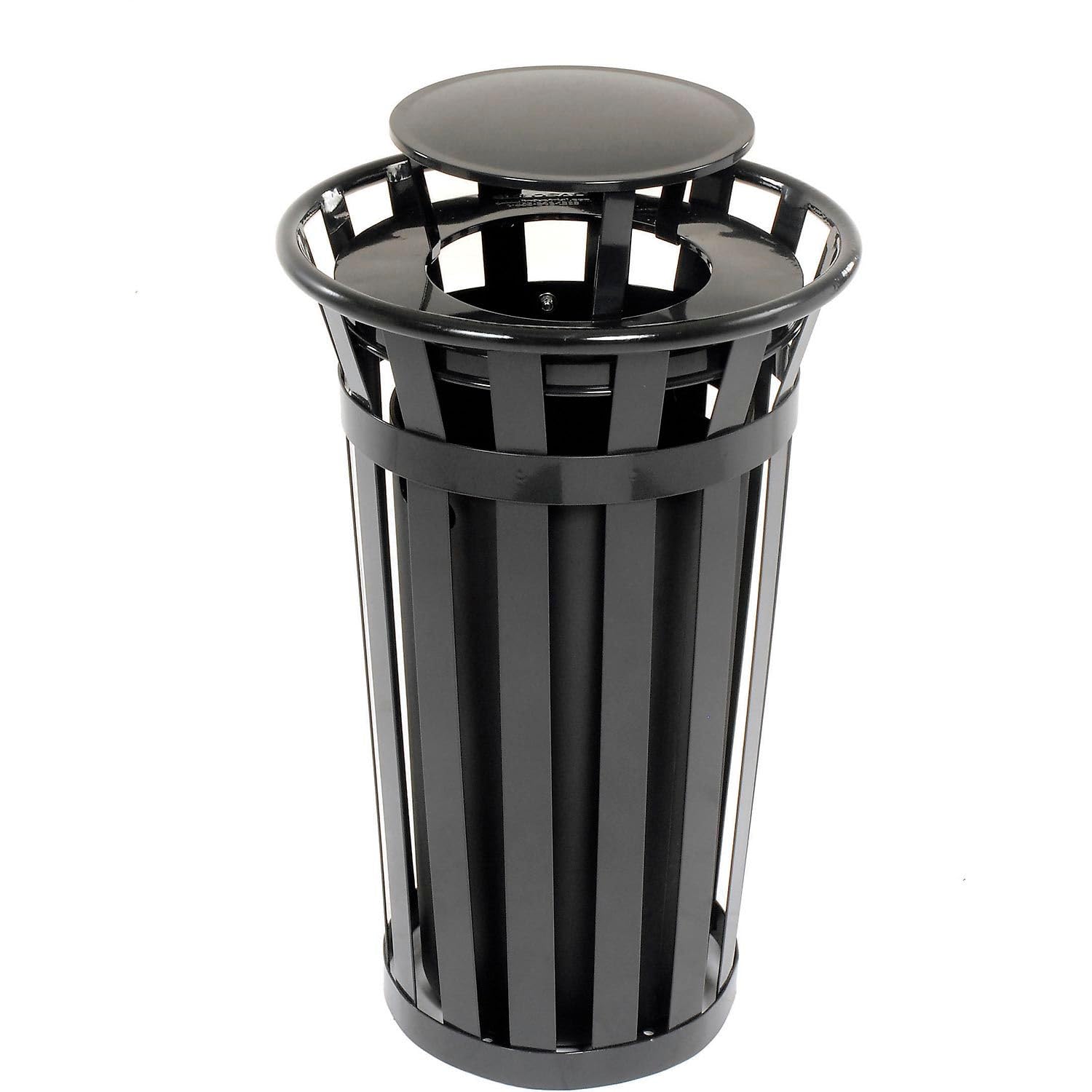 Global Industrial 24 Gallon Heavy-Duty Outdoor Metal Slatted Round Trash Receptacle with Rain