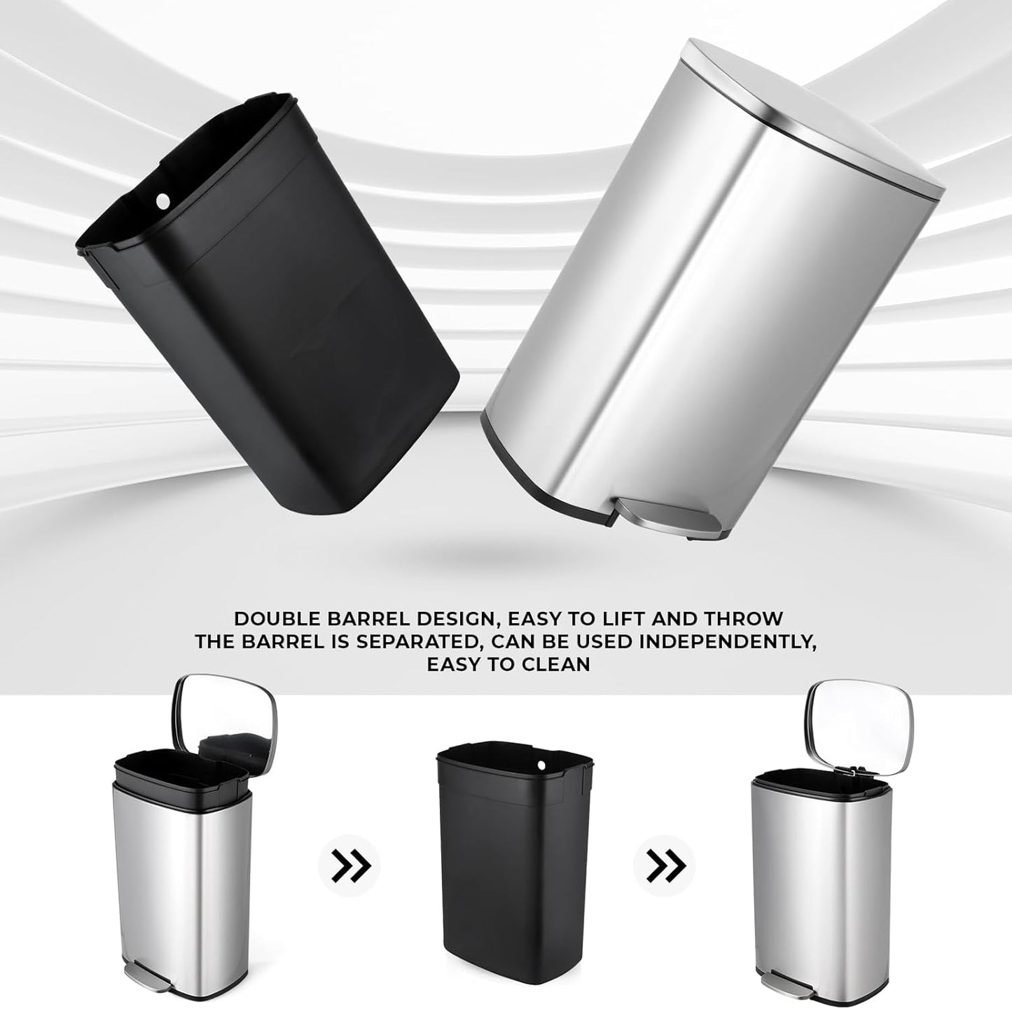 13.2 Gal Kitchen Trash Can, 50L Recycling or Garbage Bin, Brushed Stainless Steel Waste Basket