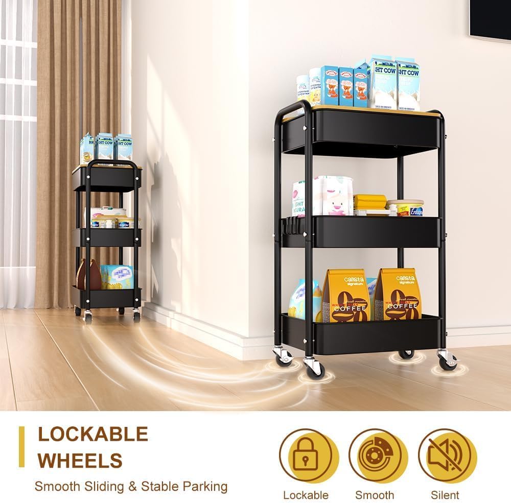 3 Tier Metal Utility Cart, Rolling Storage Cart with Wooden Tabletop, Metal Organizer Cart with