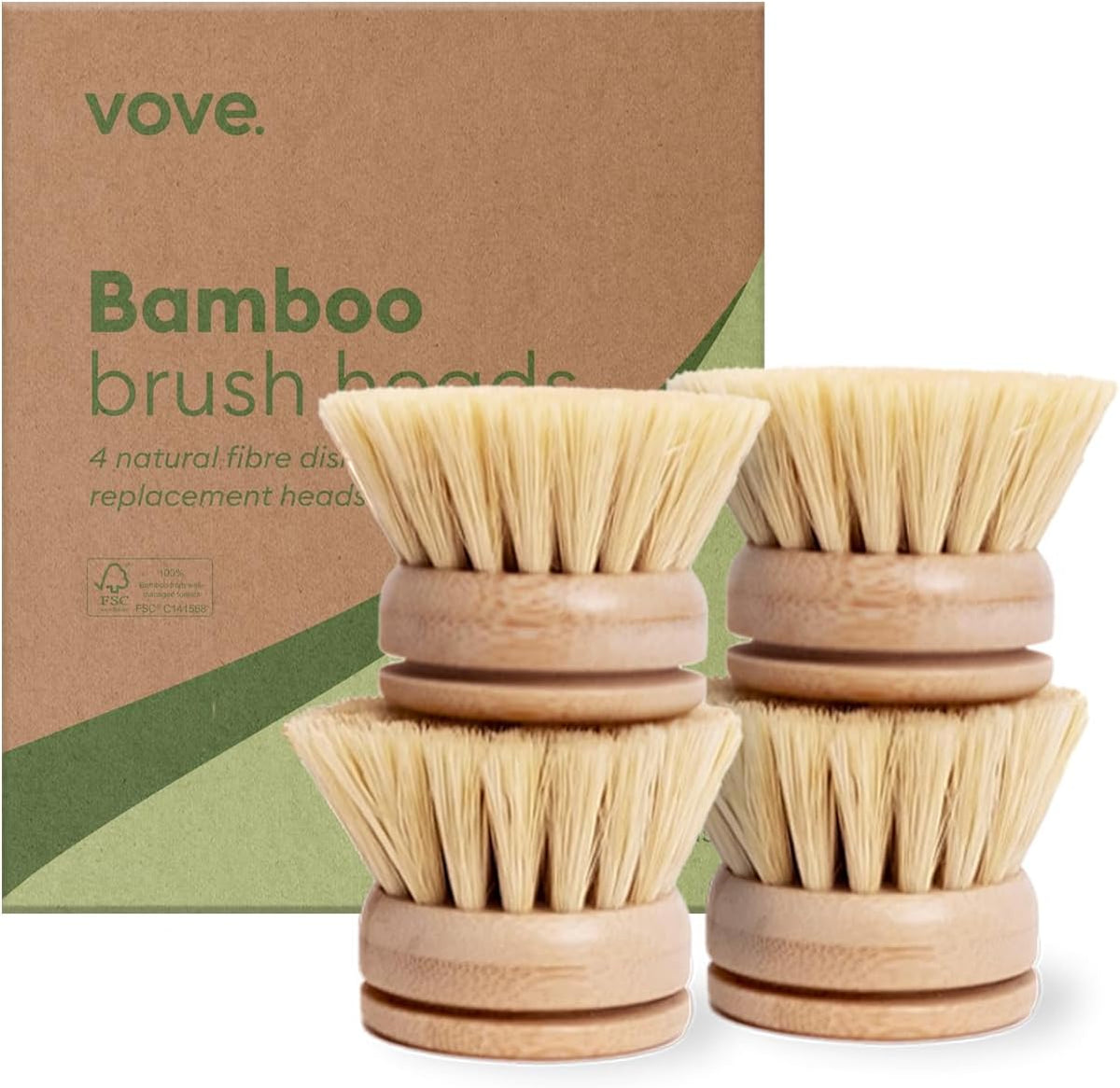 Vove Bamboo Dish Brush Replacement Heads, 4 Pack - FSC-Certified Bamboo - Natural Fiber Bristles
