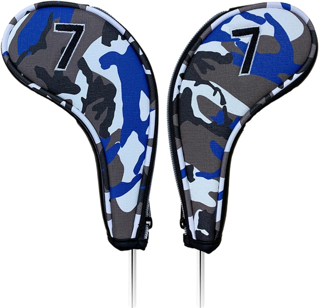 9pcs PU Leather Camouflage Blue Zipper Long Neck Design Golf Iron Headcovers Both Side Number Golf