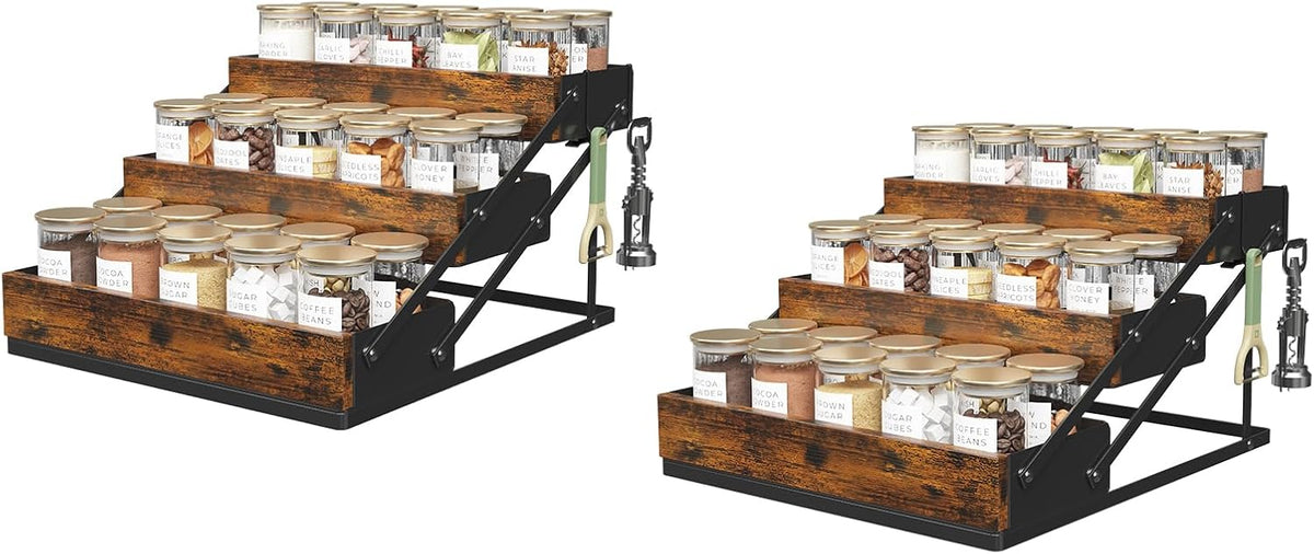 3 Tier Foldable Spice Rack Organizer for Countertop, Step Shelf with Spice Jars for Kitchen Cabinet