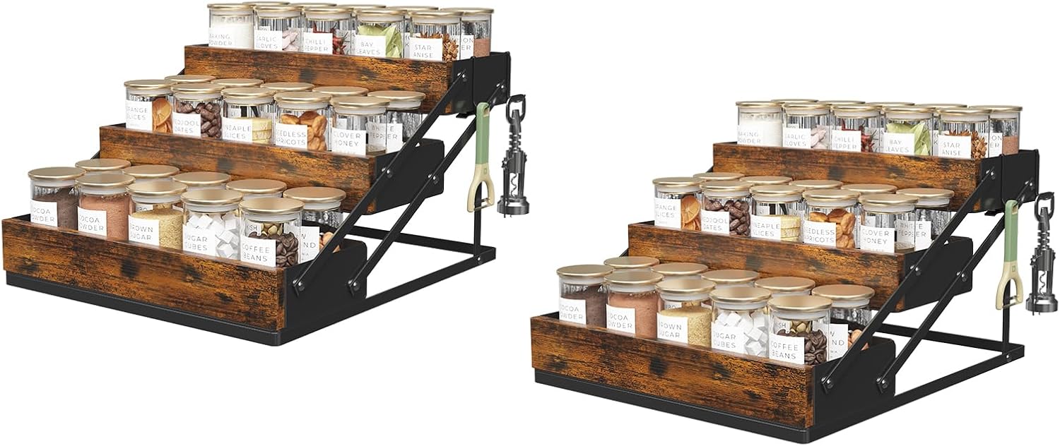3 Tier Foldable Spice Rack Organizer for Countertop, Step Shelf with Spice Jars for Kitchen Cabinet
