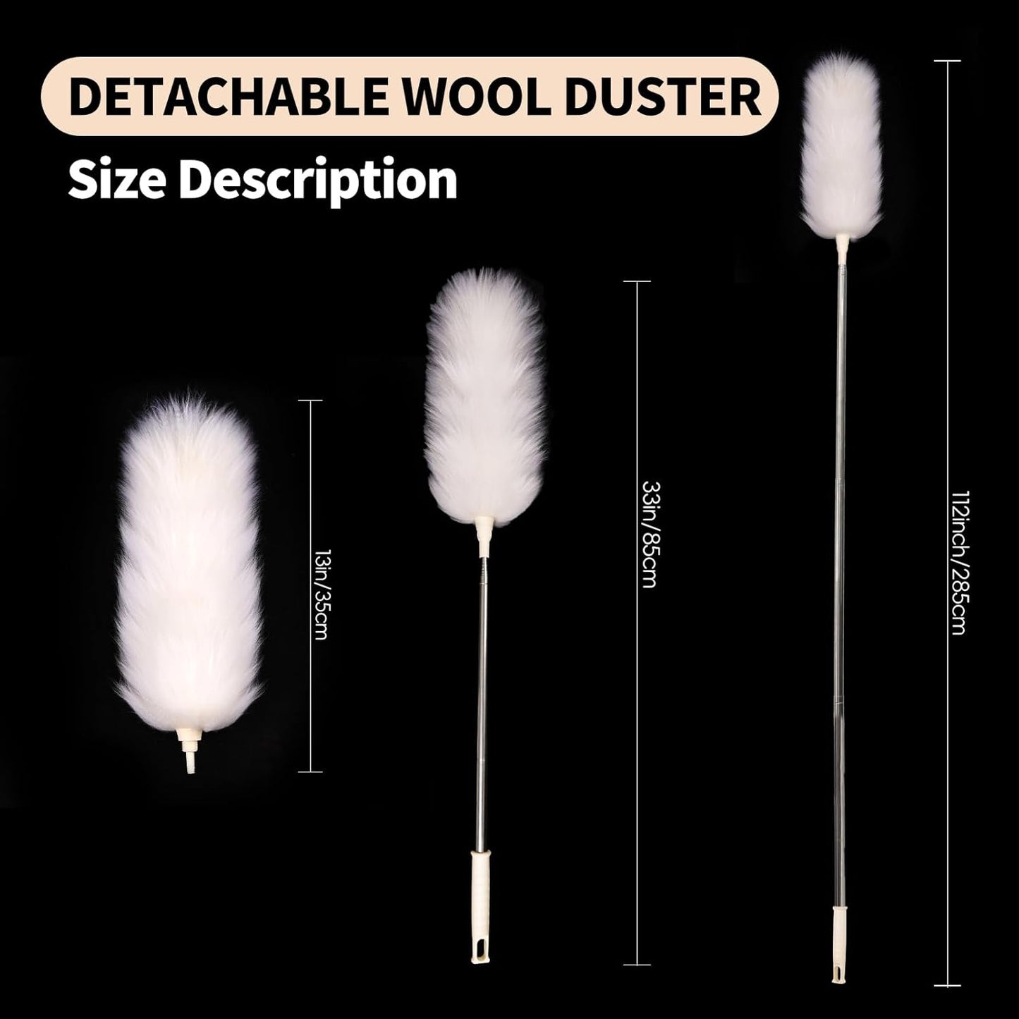 Extendable Lambswool Duster 29-110 Inch,Anti-Static Flexible Head, Stainless Steel Pole for