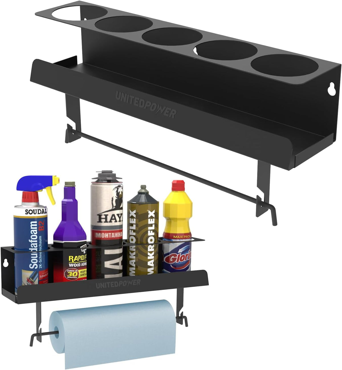 UNITEDPOWER 5 Aerosol Spray Can/Paper Towel Holder, Paint Bottle Storage Rack, Steel Wall Mount