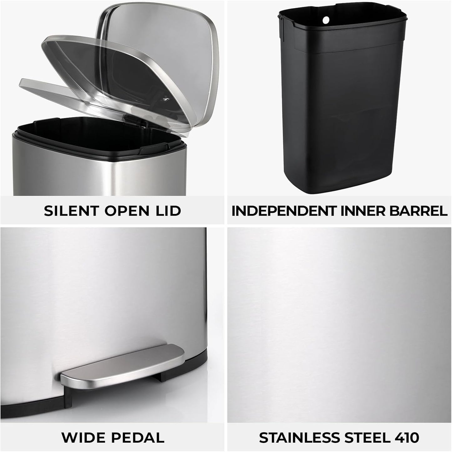 13.2 Gal Kitchen Trash Can, 50L Recycling or Garbage Bin, Brushed Stainless Steel Waste Basket
