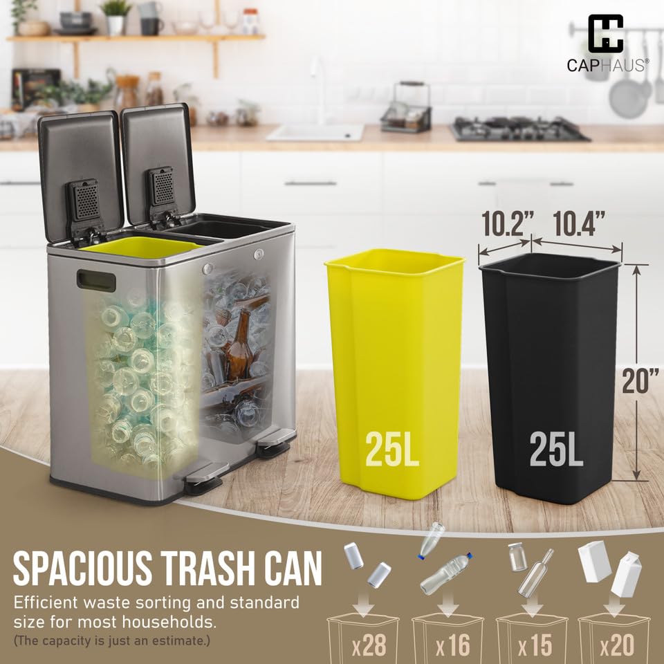 CAPHAUS Black Dual Trash Can w/Double Lid, Trash & Recycle Bins Combo, Hands-Free Stainless-Steel